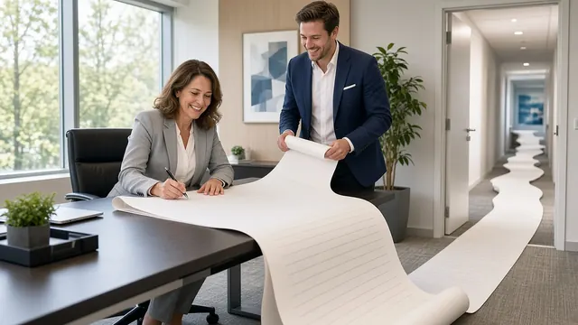 A smiling client signs a contract whose paper scroll runs off the table, across the floor and down a long office corridor, held up by a grinning account manager.