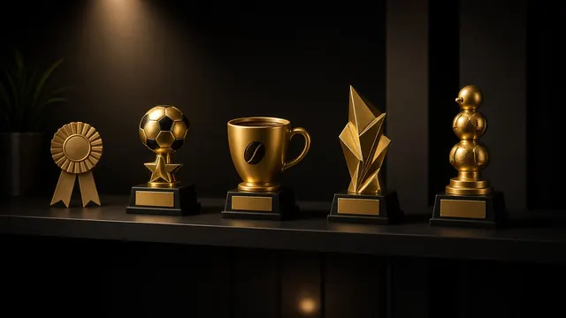 A moodily lit black shelf of gold trophies: a rosette, a soccer ball, a coffee cup, a jagged star and a stack of gold balls. None of them are for marketing.