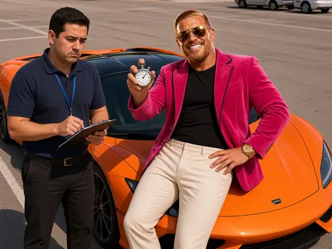 AI-generated photo of fictional parody character Rich Quick in a pink velvet blazer, leaning on an orange supercar and holding up a stopwatch while a man from the lease company checks his clipboard.