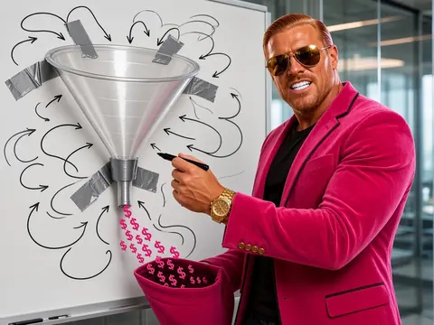 AI-generated photo of Rich Quick pointing at a real plastic funnel taped to a whiteboard covered in arrows, with paper dollar signs pouring out of the bottom into a pink bucket.