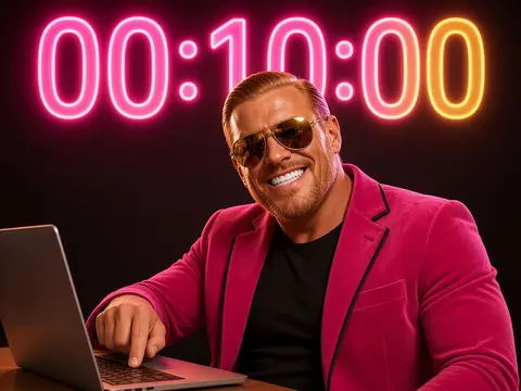 AI-generated photo of Rich Quick grinning at a laptop under a giant neon countdown timer reading 00:10:00.