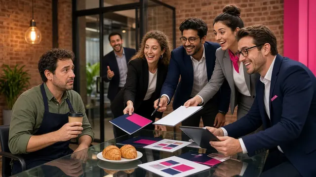 A wary cafe owner holding a takeaway coffee is surrounded by five beaming salespeople pushing brochures, a tablet and a pen at him across a glass table.