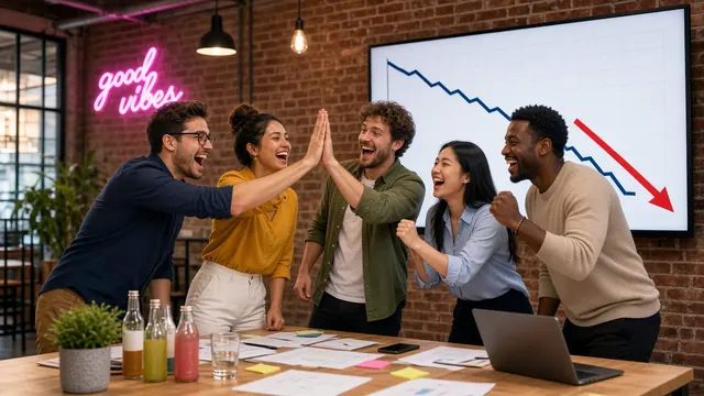 Five delighted agency staff high-five under a neon 'good vibes' sign in an exposed-brick warehouse office, in front of a screen showing a line graph crashing straight down.