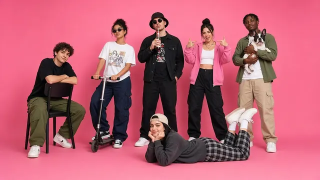 Six young agency staff pose on a hot pink backdrop trying hard to look casual: one sits backwards on a chair, one is on a scooter, one sips a drink in a bucket hat, one does finger guns, one holds a French bulldog, and one lies on the floor.