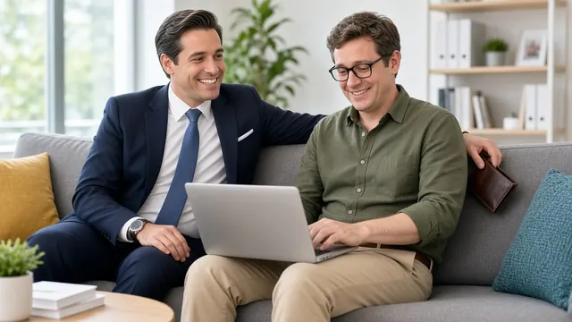 A grinning account manager in a navy suit has his arm around a happy client on an office couch. The client is typing on a laptop and has no idea the account manager's other hand is lifting the wallet out of his back pocket.