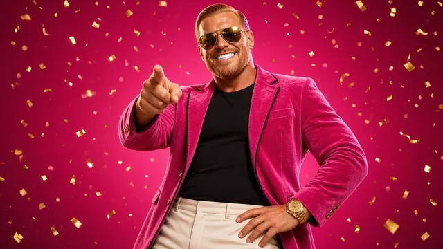 AI-generated image of a fictional parody character. Rich Quick, Chief Growth Guru, in a pink velvet blazer and aviators, points straight at you through a blizzard of gold confetti, as if you've already won.