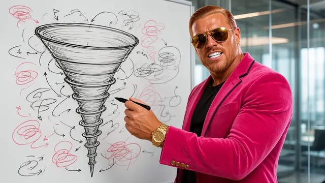 AI-generated image of a fictional parody character. Rich Quick, Chief Growth Guru, presents his proprietary growth funnel, which on closer inspection is a tornado surrounded by arrows going absolutely everywhere.