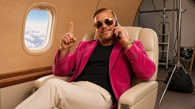 AI-generated image of a fictional parody character. Rich Quick, Chief Growth Guru, takes an important call from a private jet seat, index finger raised, while the studio lights, a light stand and a stepladder behind him quietly reveal the jet never left the ground.