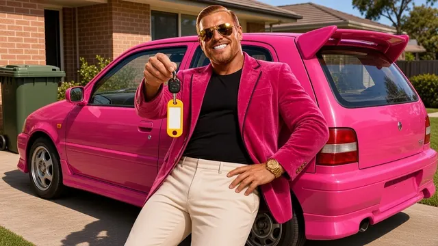 AI-generated image of a fictional parody character. Rich Quick, Chief Growth Guru, leans proudly on a hot-pink hatchback in a suburban driveway next to a wheelie bin, dangling the keys like they open a Lamborghini.