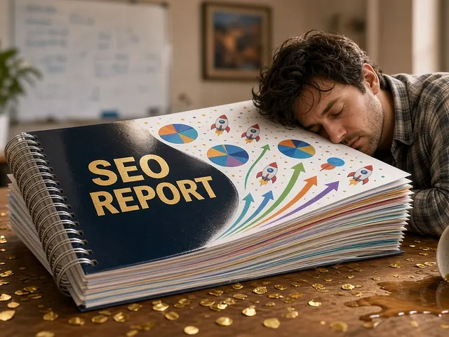 A business owner sleeps face-down on an enormous spiral-bound "SEO Report" full of pie charts, rockets and arrows, beside a spilled coffee and gold confetti.