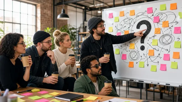 A strategist in a beanie points at a whiteboard covered in tangled scribbles, sticky notes and one giant question mark, while five colleagues sip takeaway coffee and nod as if it all makes sense.