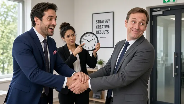 An over-eager account director grips a client's hand with both of his. The client smiles stiffly and glances away while a colleague holds up a clock.