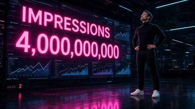 A smug executive in a black turtleneck strikes a power pose beside a giant glowing screen reading "Impressions 4,000,000,000", while a tiny panel in the corner reads "Sales: 2".
