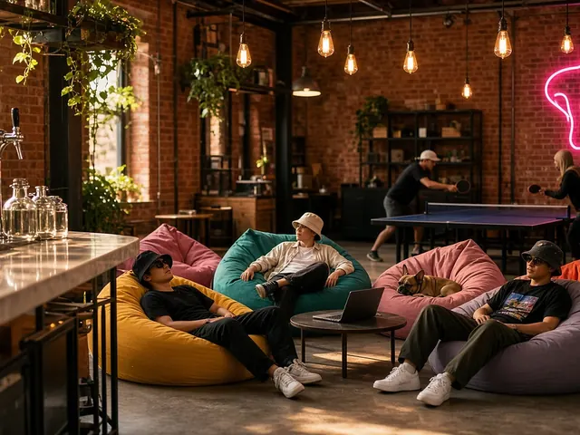 A converted brick warehouse office with kombucha taps, staff lounging on giant beanbags in bucket hats and sunglasses, a French bulldog, and ping pong in the background.