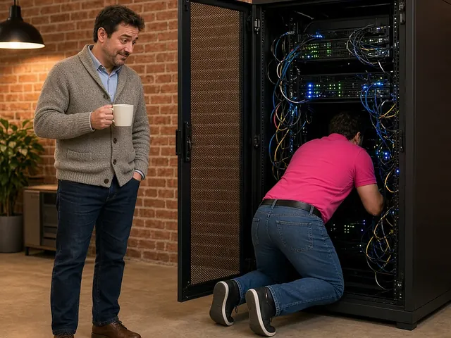 A man in a hot pink polo kneels half inside an open server rack while a business owner holding a coffee mug watches nervously.